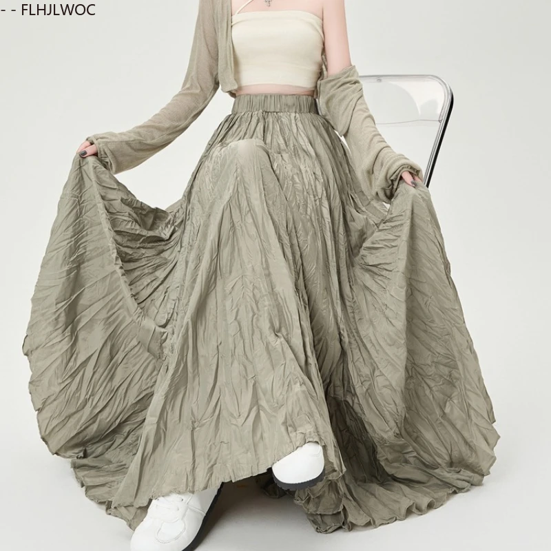 Fold Skirt 2025 Autumn Winter Hot Sales Women All-Match Cute Japan Chic Korea FLHJLWOC Elastic High Waist Black Long Maxi Skirts