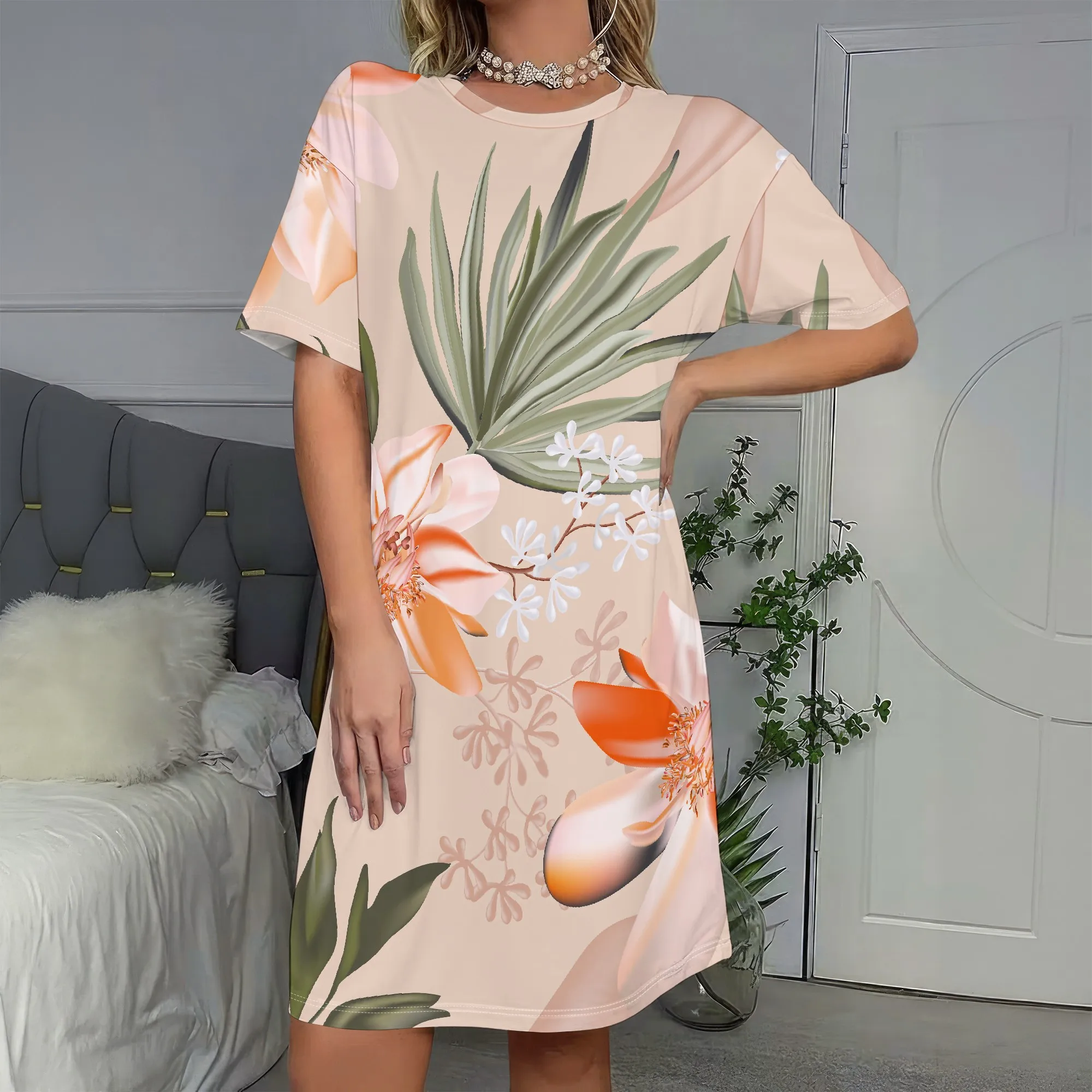 

Floral Print, Short Sleeve Dress, Palm Leaf Pattern, Orange Flowers, Casual Summer Wear, Women's Fashion, S-2XL
