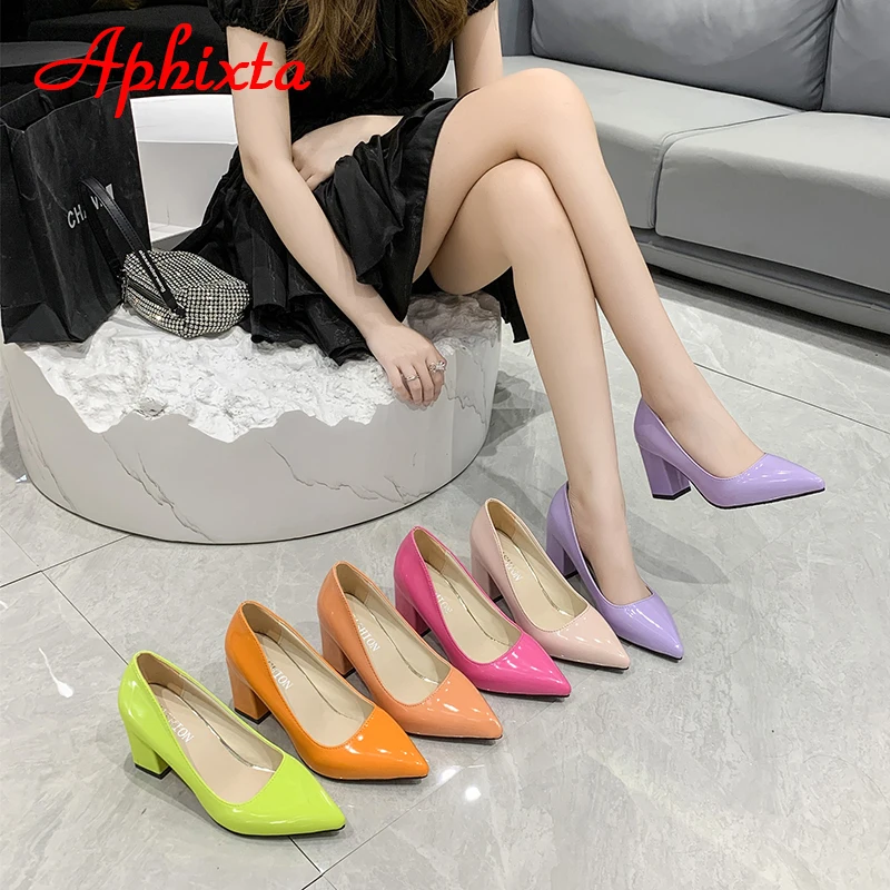 Aphixta New 2.9Inch Pointed Tou Patent Leather Shoes Women Pumps Purple Colorful Thick Heels Work Pointed Toe Heels Plus Size 50