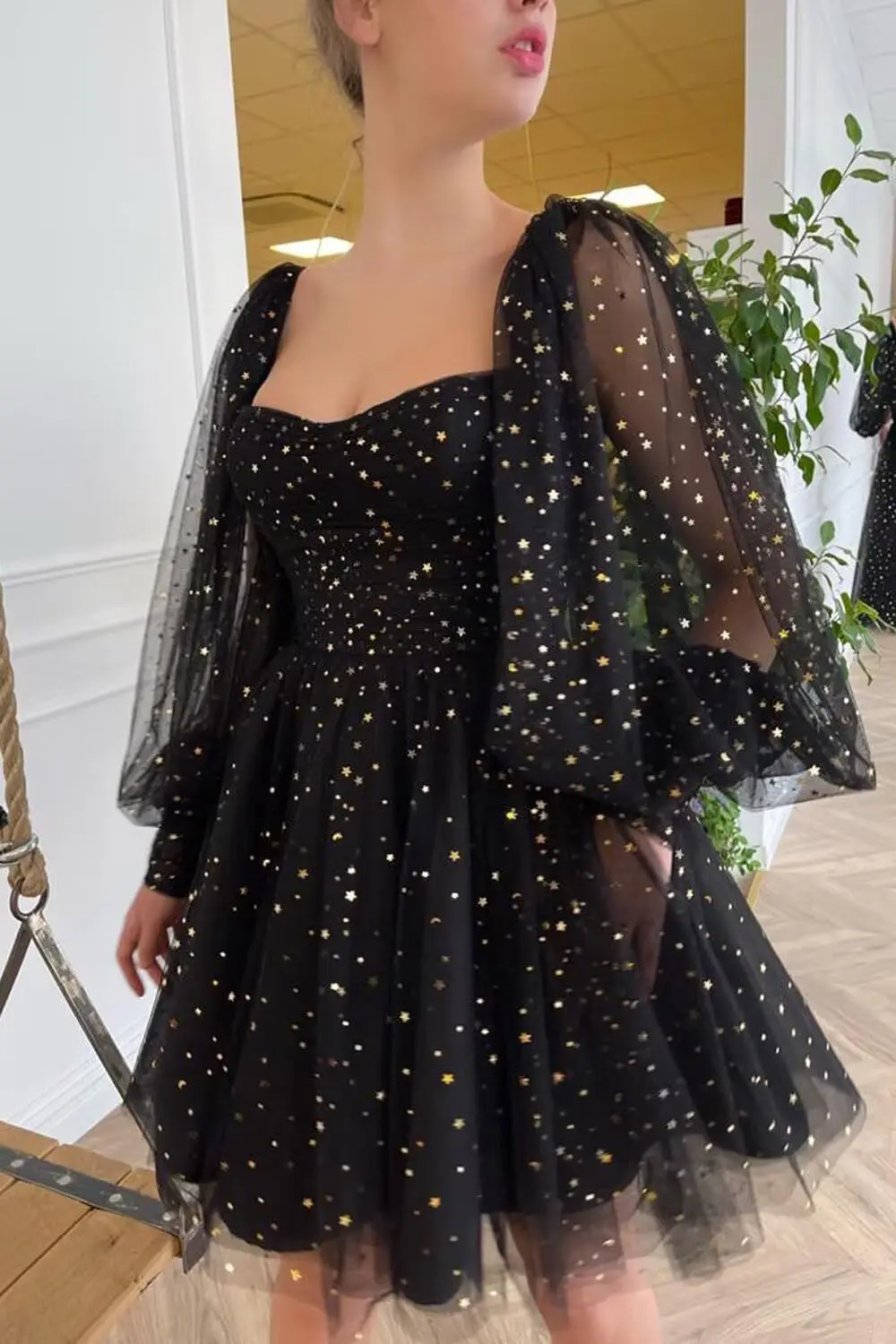 Vestido de baile de tule estrelado brilhante para adolescentes vestido de baile de manga bufante vestidos de noite formais com bolsos