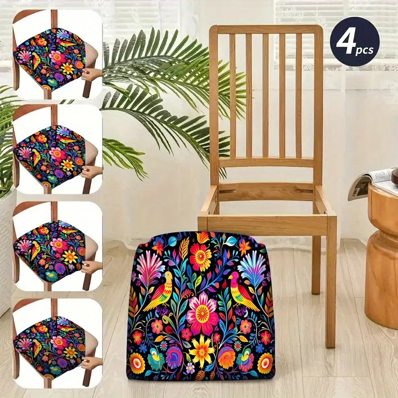 2/4/6pcs Colorful Folk Art Bird Chair Covers, Washable Removable Slipcovers for Kitchen Chairs