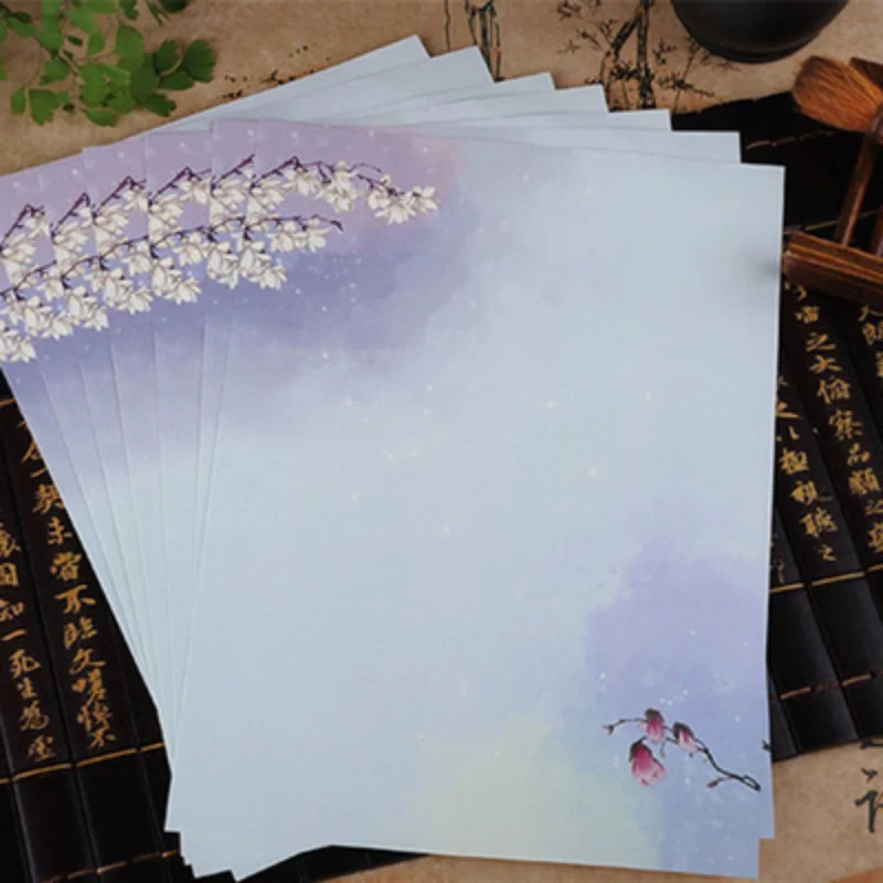 8pcs/set Vintage Traditional Chinese Painting Style Envelope Paper Retro Flower Letter Paper for Staff Kids Envelope Papers