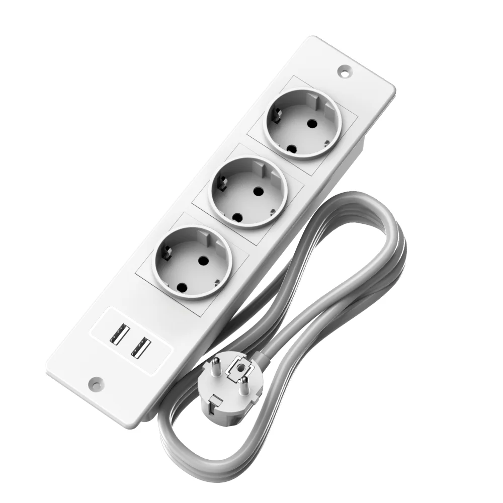 Recessed Embedded Power Socket Strip with 3 AC Ports 2 USB-A(5V2.1A) 1.5m Cord Multi Plug Outlet for Study Desk Cafe Counter
