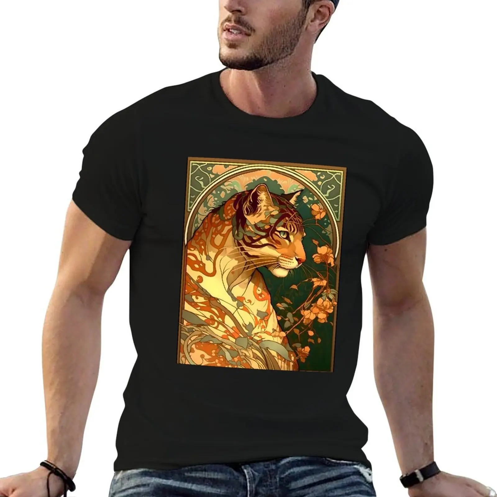 Vintage Art Nouveau Alphonse Mucha Inspired Tiger Design T-Shirt designer shirts blacks mens white t shirts