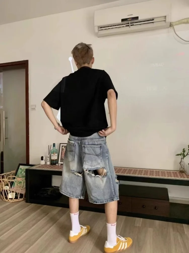 

2025 New Men's Ripped Denim orts American Hiphop Sle Summer Casual Pants Seven-Foot Length Trendy Design Beachwear