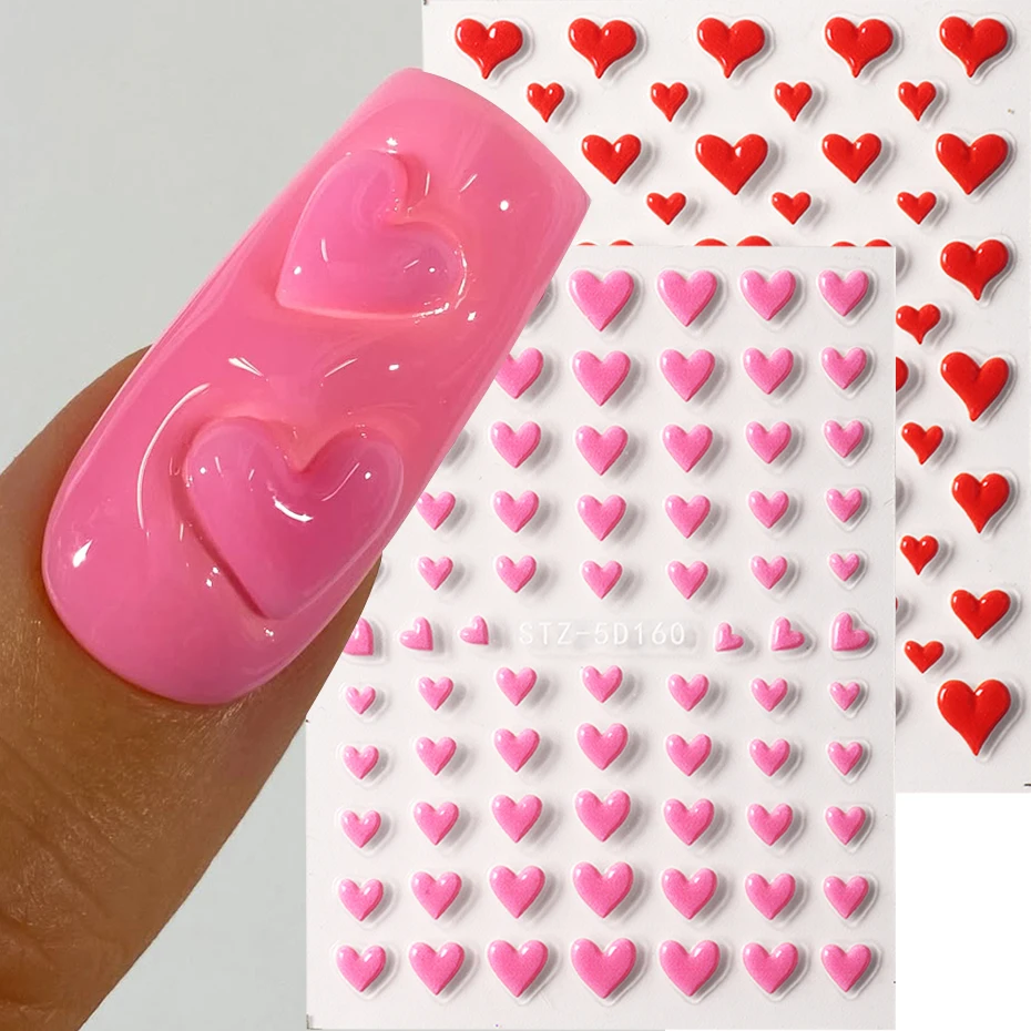 2 Stück 5D geprägte rosa rote Liebesherzen Nail Art Aufkleber süßes und einfaches Design für Valentinstag Nagelaufkleber DIY Maniküre Dekor