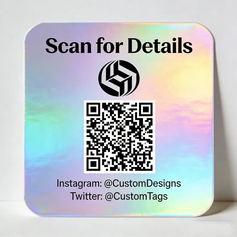 

Holographic PET Stickers Waterproof Square QR Code Labels, Custom Logo Text Personalized Social Media Tags for Business Branding