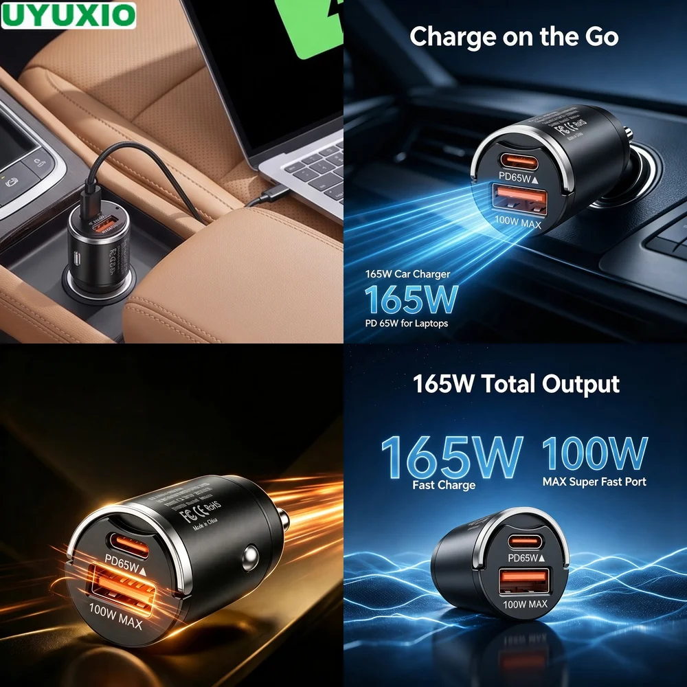 165W Rapid Charge Car Charger PD 65W USB C and 100W USB A Charging for Phones Tablets and Laptops Compact Zinc Alloy Metal Body