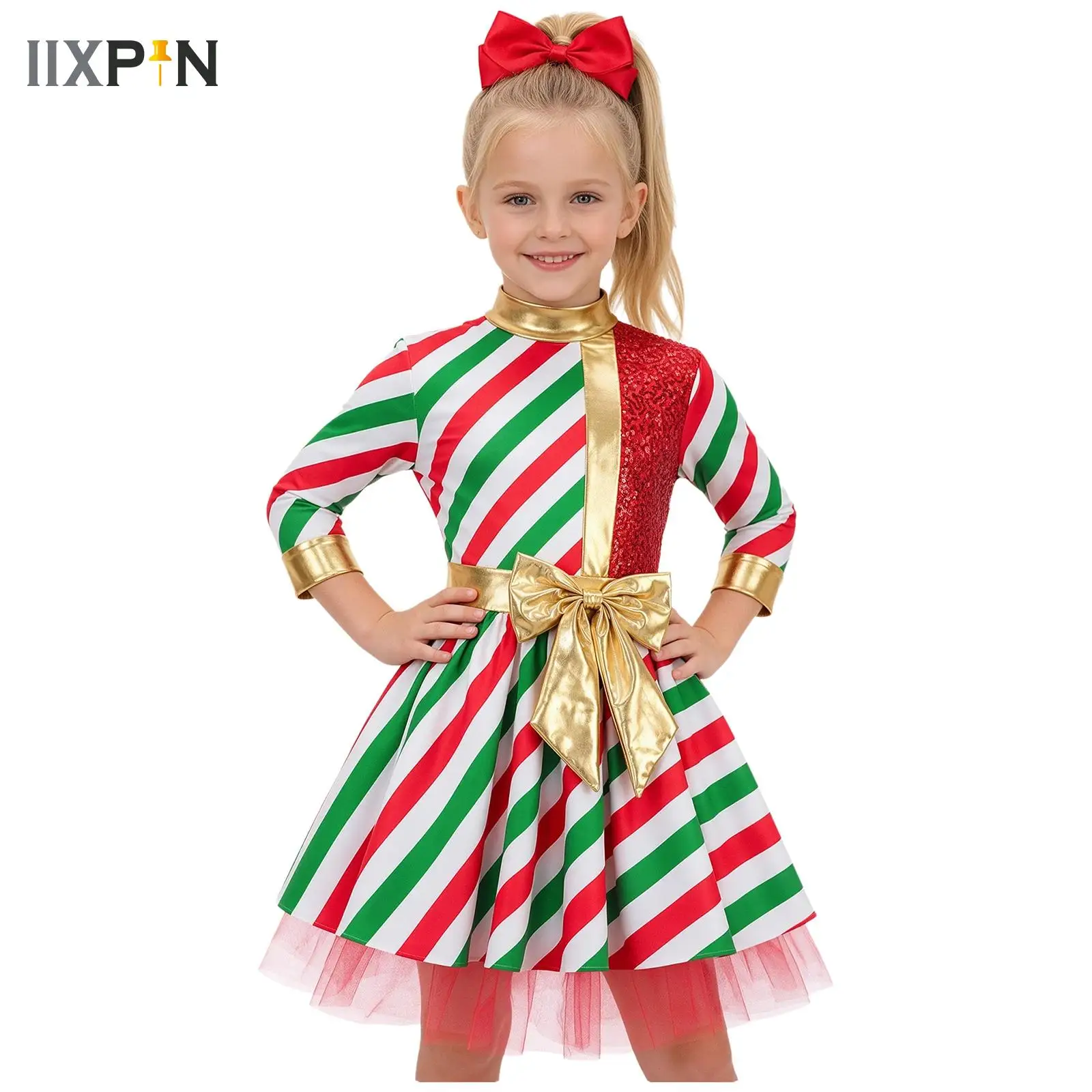 Girls Sequins Striped Bowknot Figure Skating Ballet Dance Dress Leotard Tutu for Carnival Party Christmas Elf Candy Cane Costume