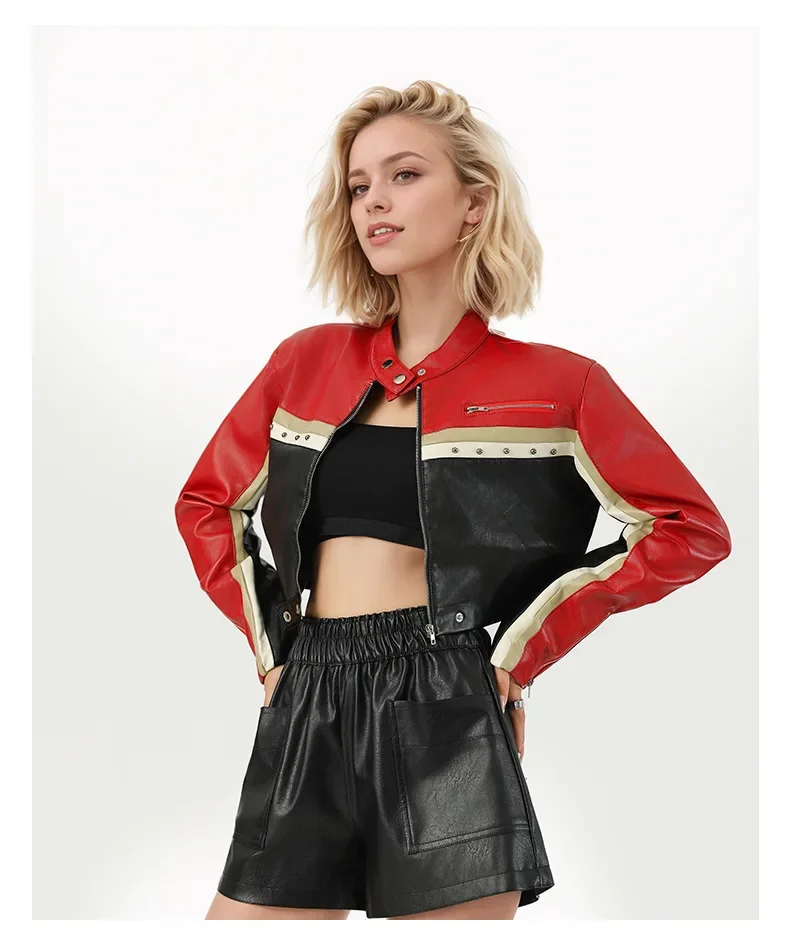 Cool Handsome Motorcycle Women's Waist Casual Contrast Splicing PU Leather Short Jacket New Fashion Female Zipper Coat