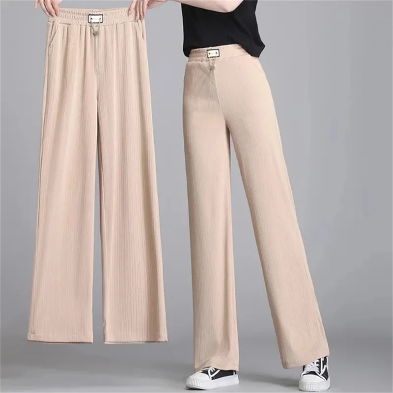 Summer Women High Waisted Ice Shreds Straight Leg Pant Female Leisure Sagging Sensation Trousers Ladies Loose Wide Legs Pantalon