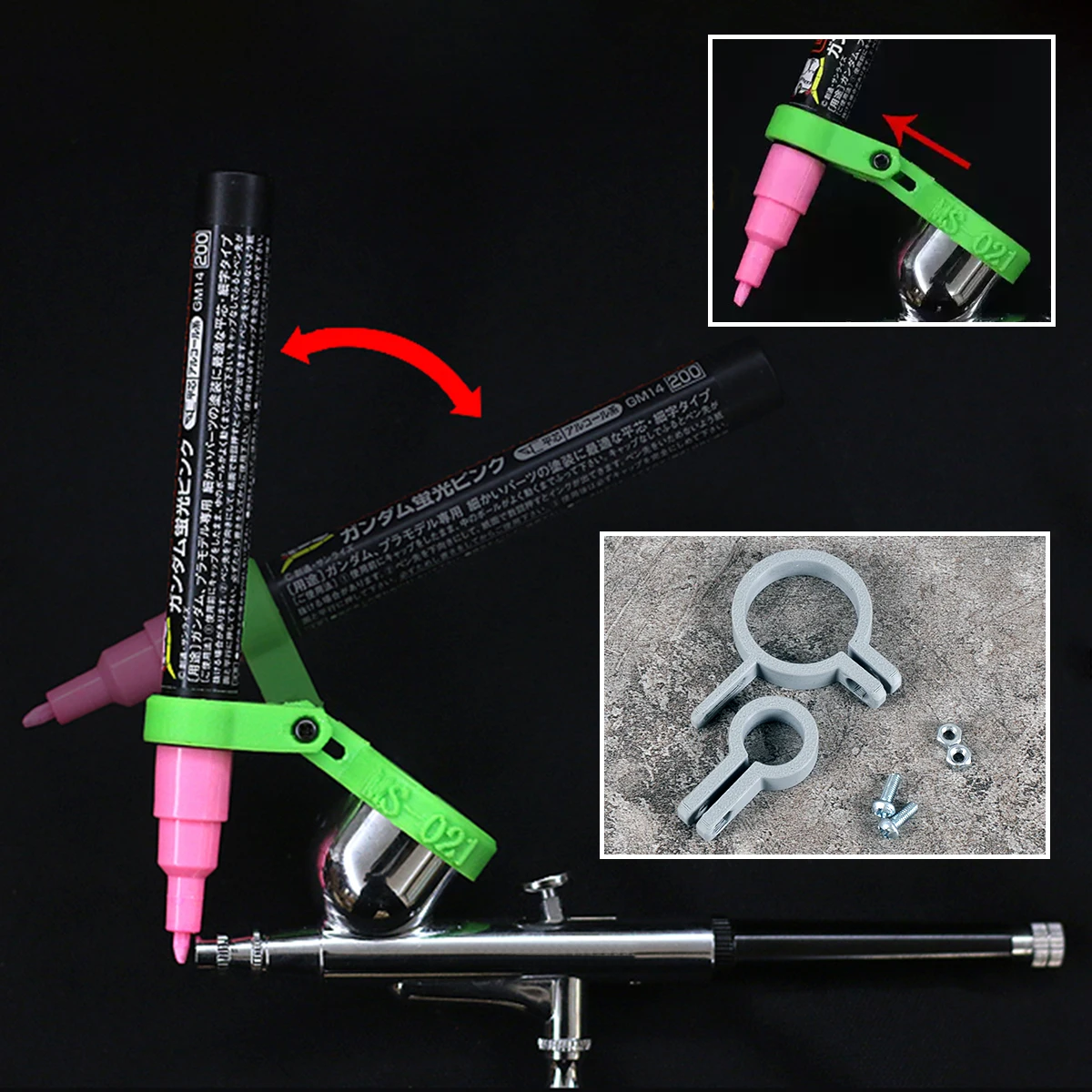 

Инструменты для миниатюрной росписи моделей, маркеры, аэрозольная краска, вспомогательный держатель, предназначенный для крепления к аэрографу во время росписи.