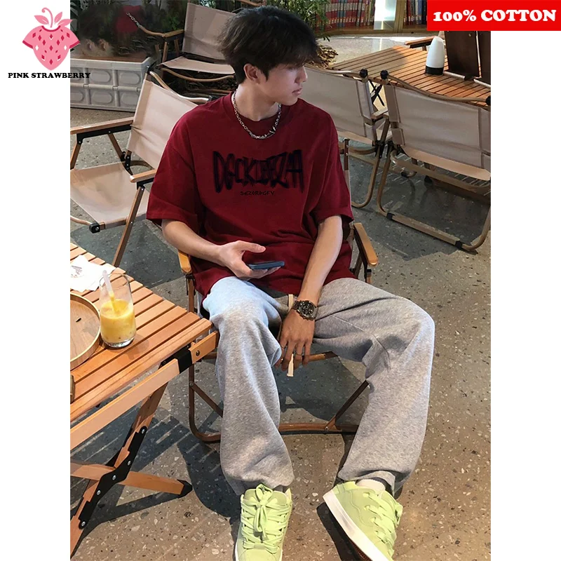 

American Retro Wine Red Short sleeve T-shirt Summer 2025 New 100% Cotton Letter Print T-shirt Loose Casual Y2k Top Mens clothing