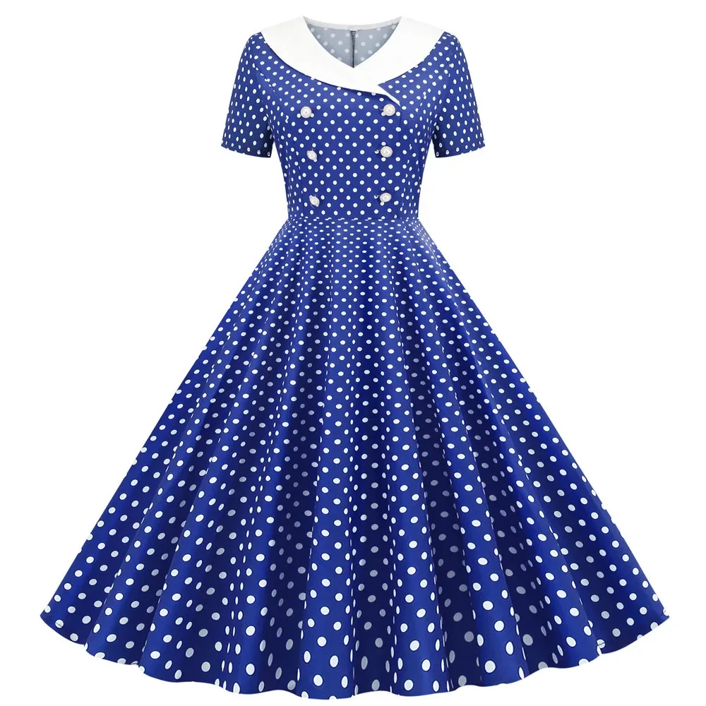 

Blue Polka Dot Printed Vintage Dresses for Women 2024 Summer Retro 50s 60s Swing Pin Up Rockabilly Party Dress Robe Vestidos