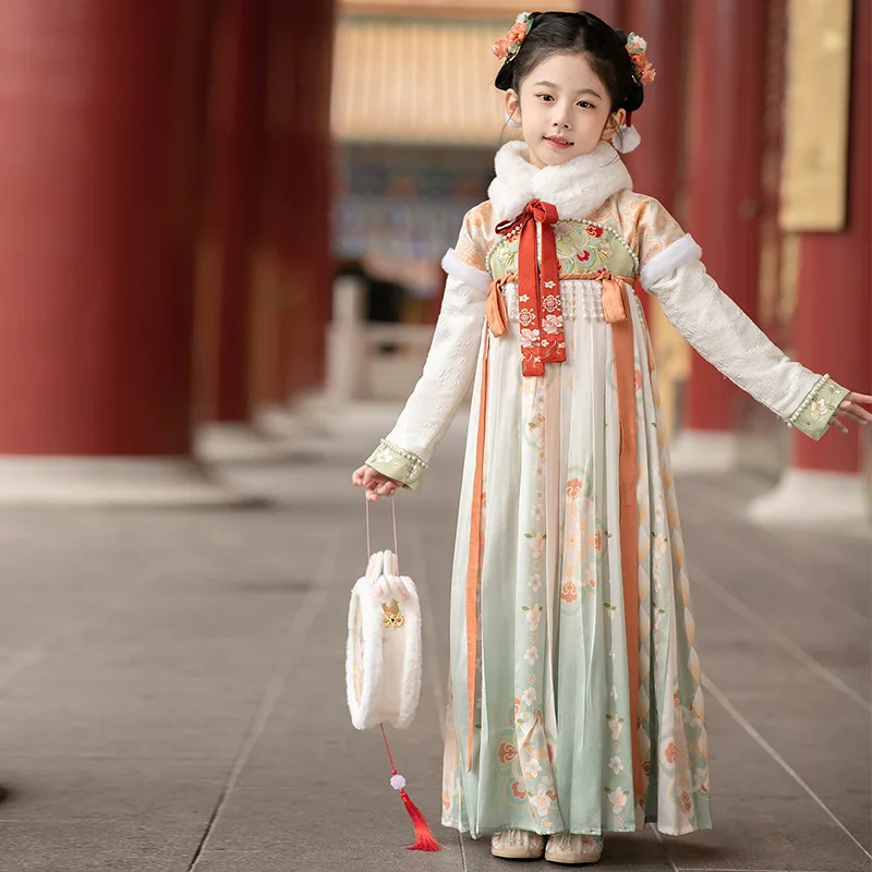 

Lovely Girls Winter New Warm Embroider Flower Hanfu Retro Chinese Ancient Princess Dress Children Kids New Year Festival Costums