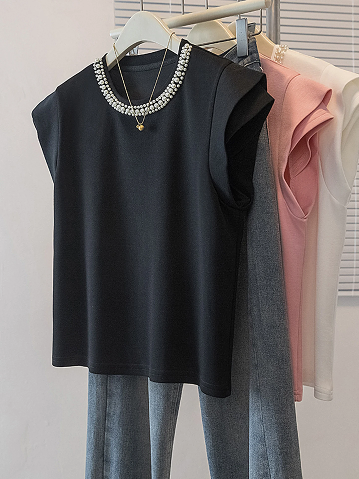 

Женская модная универсальная футболка больших размеров с круглым вырезом и коротким рукавом, украшенная бисером, для весны и лета