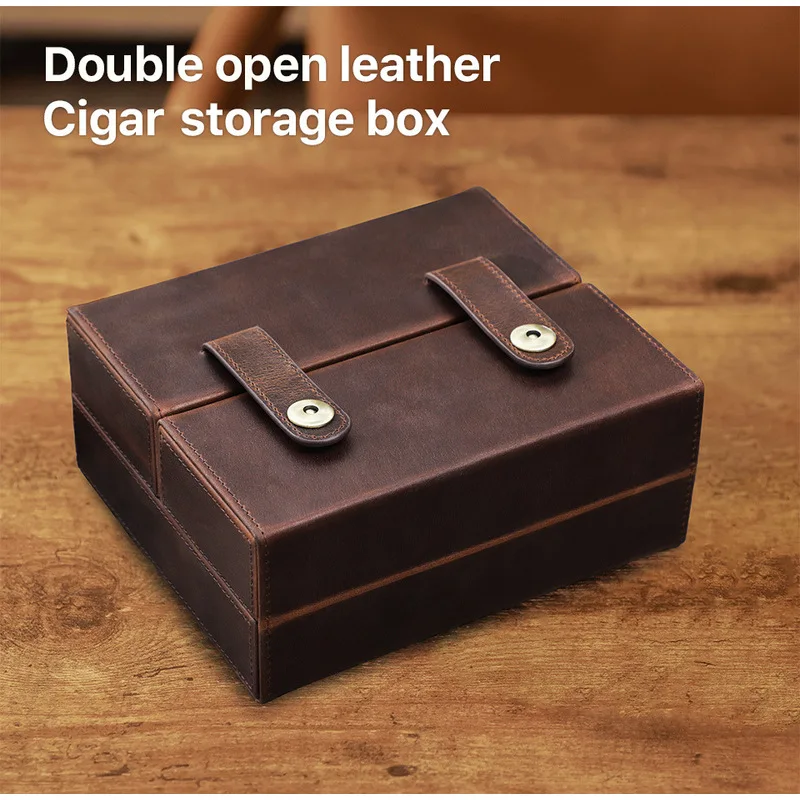 Vintage Crazy Horse Leather Clasp Cigar Storage Box with Flip Cover, Portable Genuine Leather Humidifying Cigar Case for Export - view 4