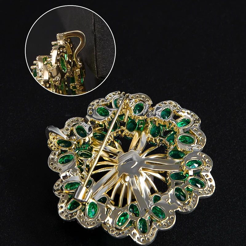 Jade Angel Gold-plated Brass Begonia Flower Brooches for Women Oval Green Cubic Zirconia Banquet Brooch Pins for Clothing