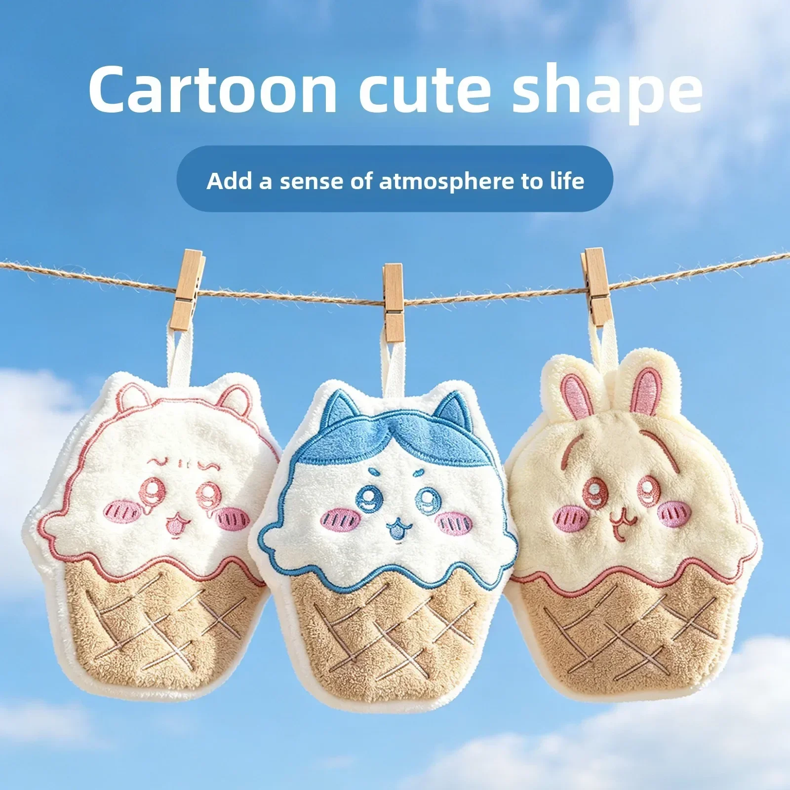 Cute Usagi Hachiware Ice Cream Cone Hand Towel Hanging Coral Fleece Wipe Cloth Kitchen Bathroom Absorbent Decor Gift for Girls