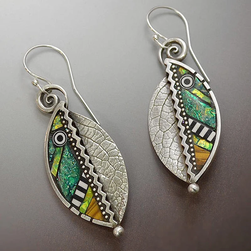 Bohemian Green Leaf Earrings for Women Ethnic Abstract Vintage Silver Color Drop Dangle Earring Oorbellen Pendientes O4D423