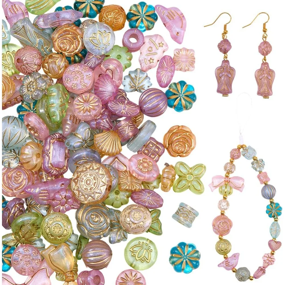 140Pc Imitation Czech Beads Acrylic Boho Beads Assorted Transparent Clear Green Aesthetic Flower Enlaced Czech Loose Spacers