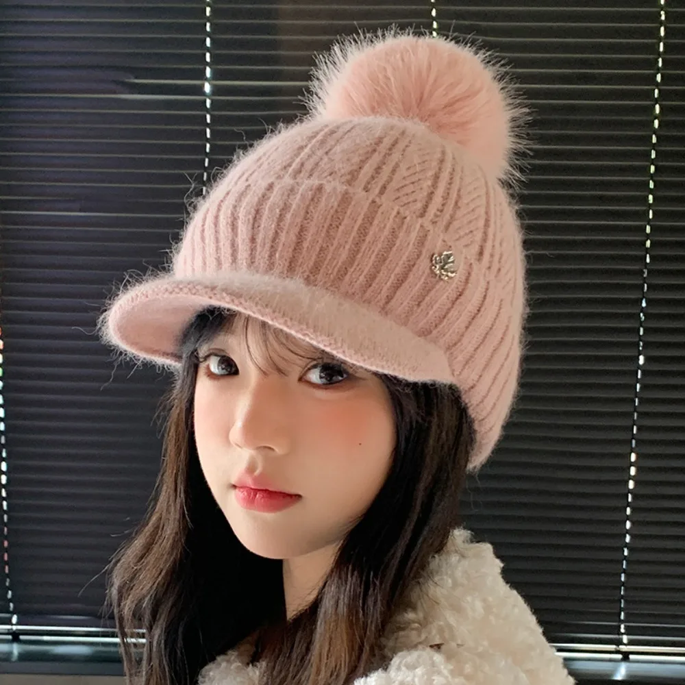 

Fashion Thickened Knitted Ball Hat Ear Protection Keep Warm Winter Hats Fleece Lined Solid Color Baseball Cap Winter