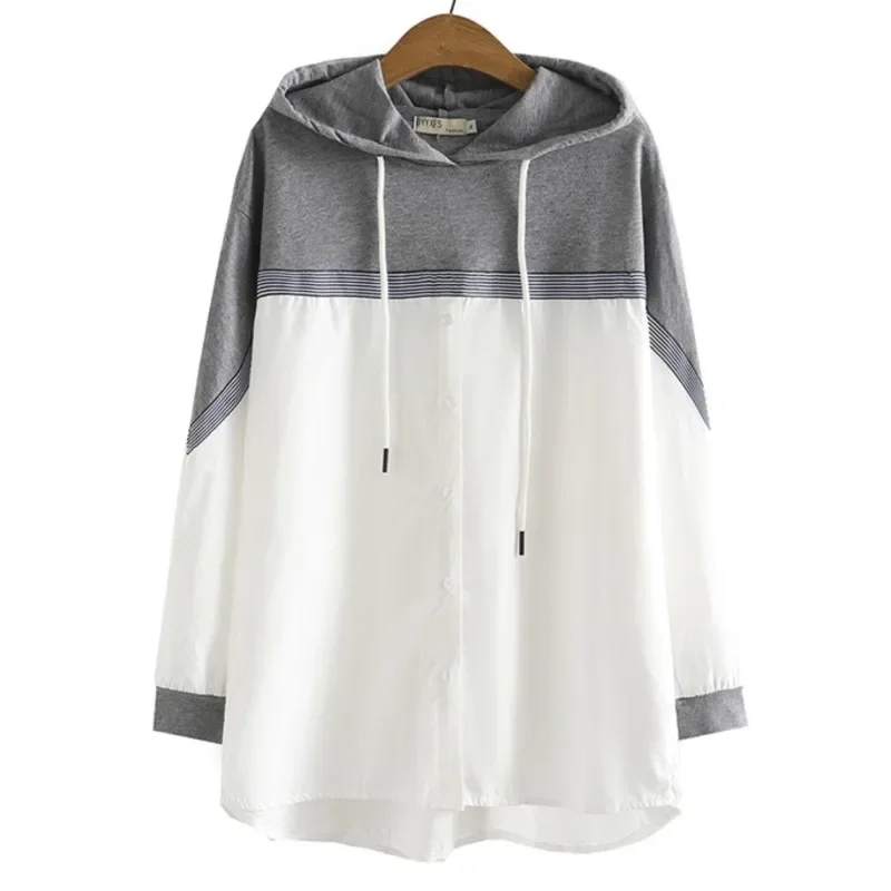 

2022 Autumn Plus Size Hoodies Women Clothing LOOSE Stripe Splice Hooded Sweatshirt Casual Long Sleeve Asymmetrical Length Tops