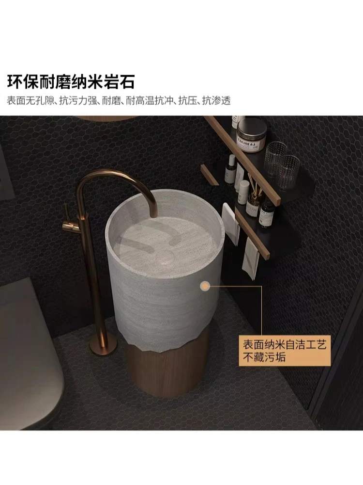 

Medieval wabi sandy wind wash basin integrated floor-to-ceiling wood grain face wash table creative travertine pillar basin