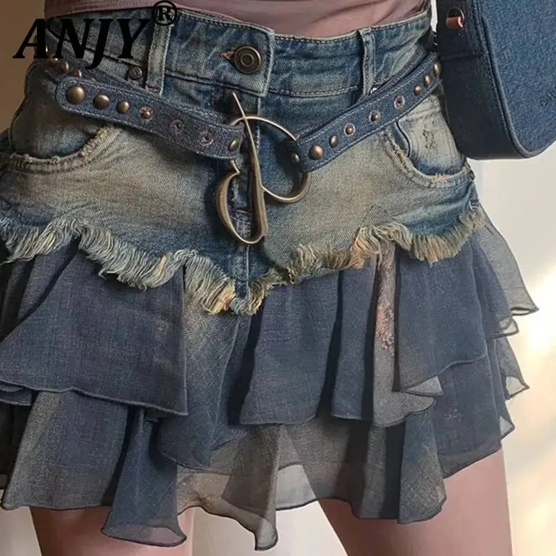 ANJY Summer New Women American Style Frayed Edge Patchwork A-Line Denim Short Skirt Trendy Fashion High Street Ins Skirts A23406