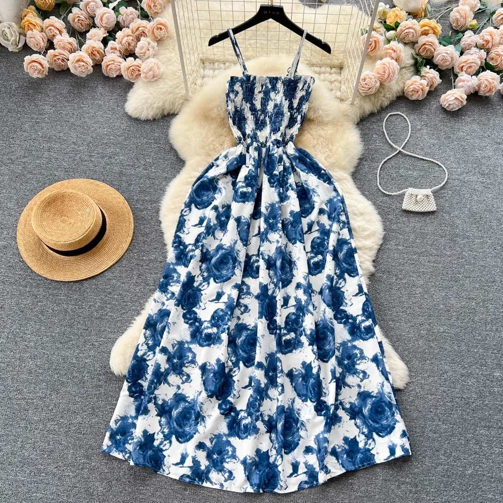 Nowa Letnia Koreańska Moda Sukienka na Imprezę w Romantycznym Stylu Retro z Nadrukiem Kwiatów Róży Elastyczna Sukienka Wakacyjna z Wysokim Stanem Długa Sukienka Plażowa Vestido