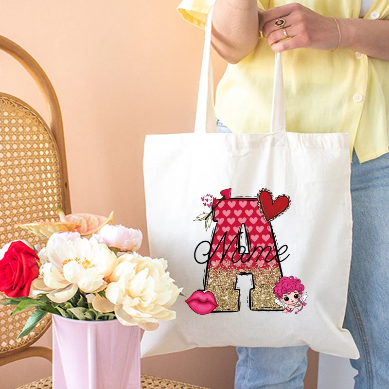 Beginletter Aangepaste Naam Vrouwen Tassen Valentijn Handtas voor Vrouwen Canvas Opvouwbare Boodschappentas voor Vriendin Ladys Pouch