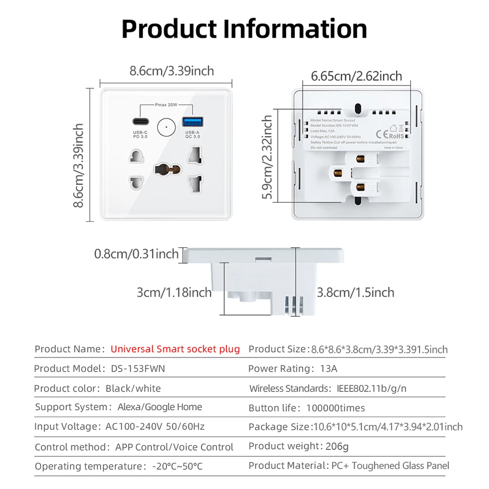 Tuya WiFi مأخذ (فيشة) ذكي UK US EU Universal Plug USB 3.0 Type-C منفذ منفذ الحياة الذكية/تطبيق Tuya يعمل مع Alexa Google Home