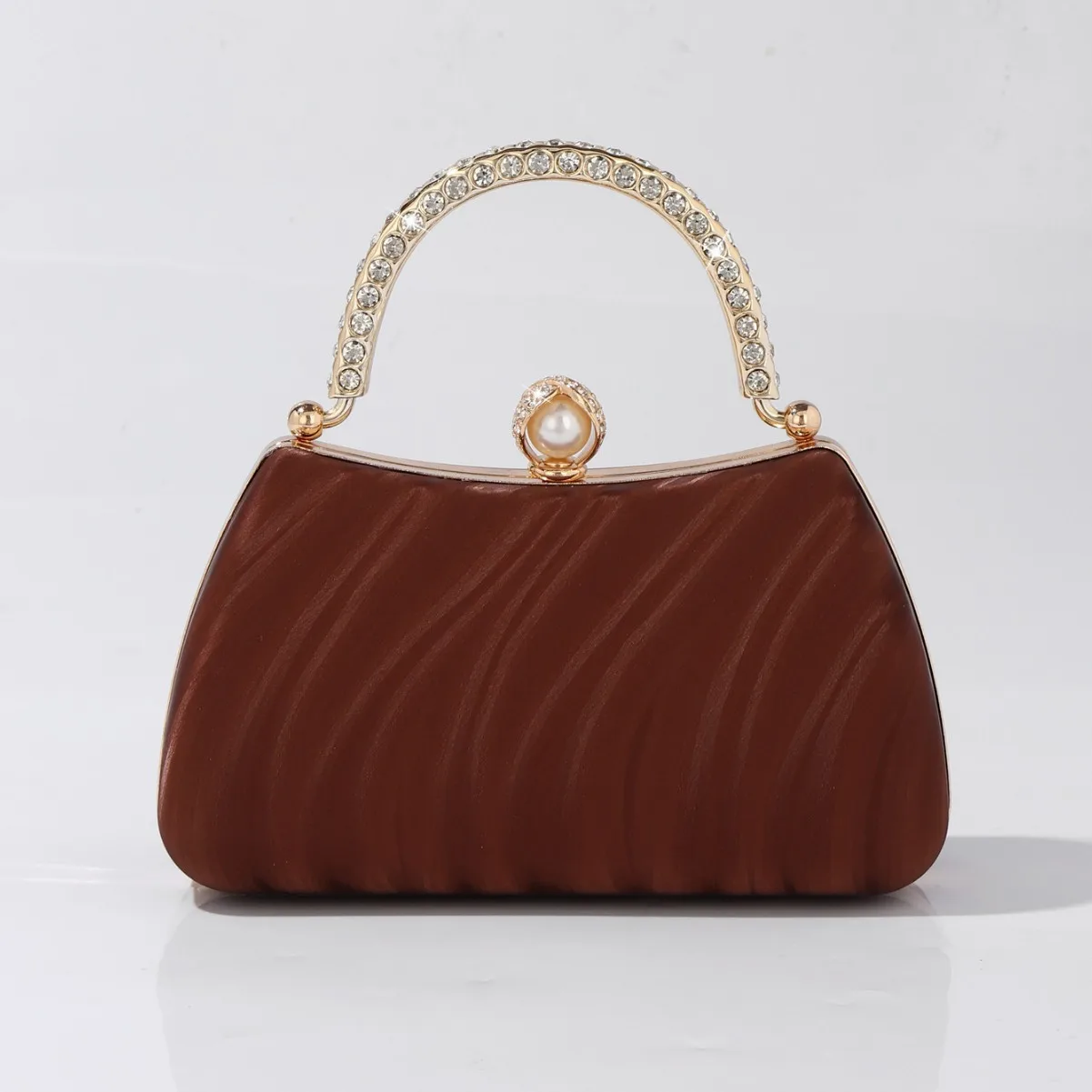 

Vintage Brown Satin Clutch Bag with Rhinestone-Encrusted Gold Handle Elegant Evening Purse for Wedding Party & Special Occasions