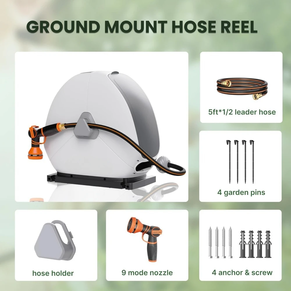 Enrouleur de tuyau rétractable 1/2 pouces x 82 pieds, enrouleur de tuyau d'arrosage robuste à montage au sol, rembobinage automatique, avec buse de pulvérisation à 9 fonctions