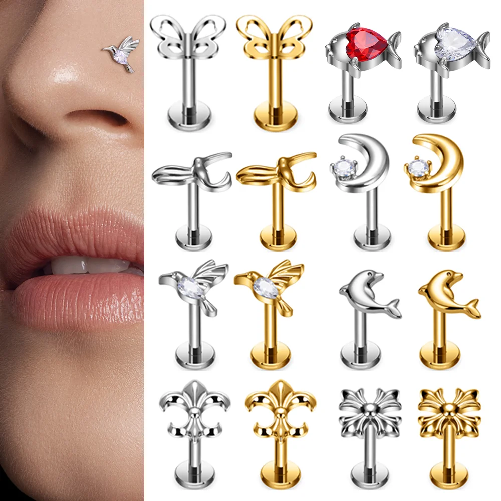 G23 Titanium Piercing Dazzling Cool Fish Bird Moon Shaped Nose Studs Sexy labret Ear Tragus Chrząstka Helix Biżuteria damska do ciała