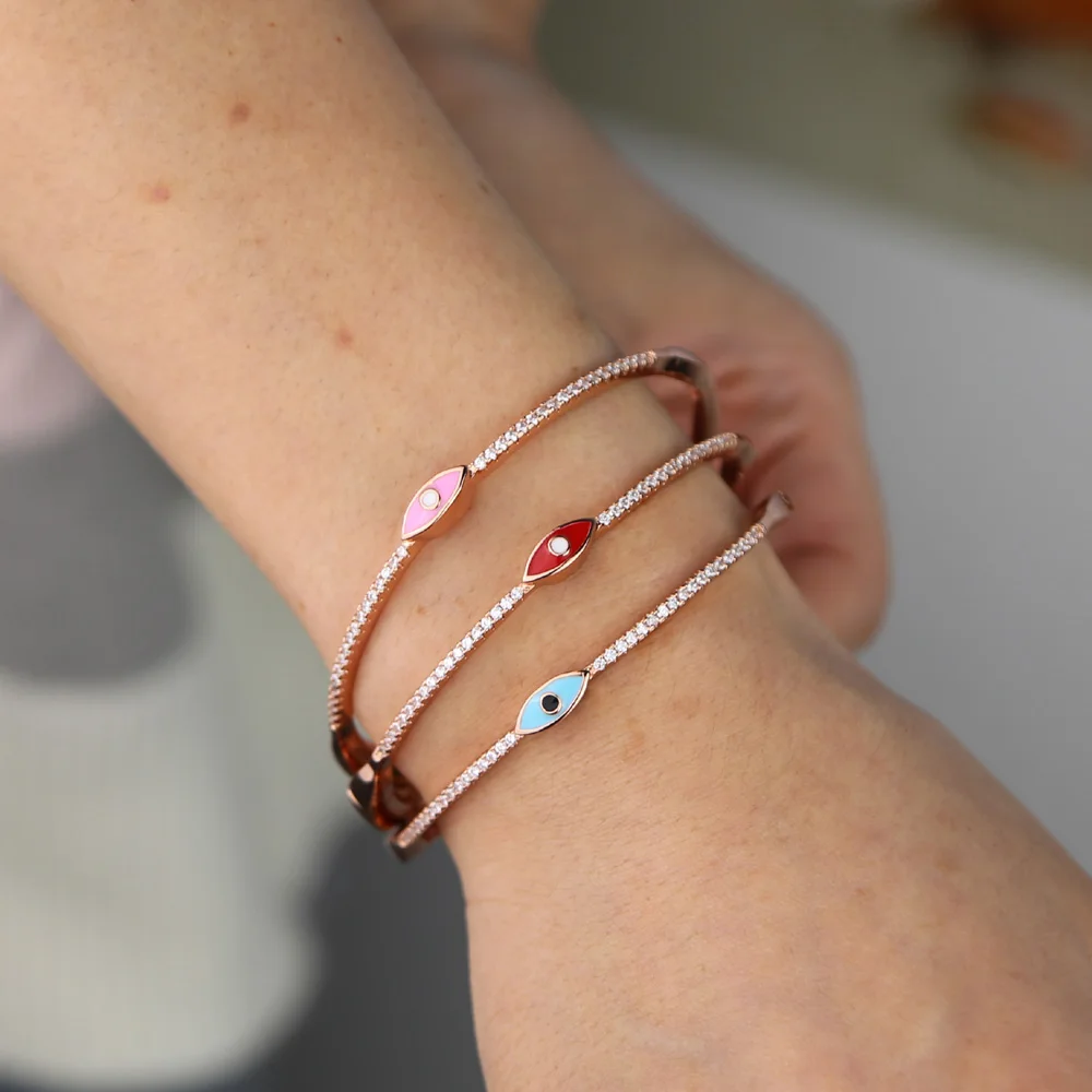 Rose Gold Color Enamel Evil Eye Bangle Bracelet for Women Bohemia Boho Lucky Turkish Evil Eye Jewelry Fashion Wholesal