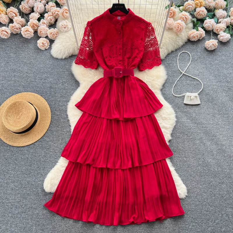 

Retro Solid Pleated Hollow Elegant Tiered Dress A-line Short Sleeve Casual High Waist Dress Women Summer