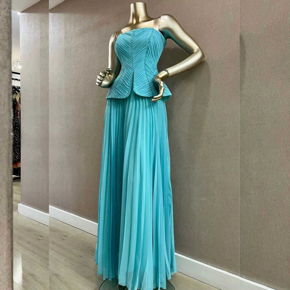 

Customized Matching Chiffon Pleat Beading A-line Strapless Long Dresses Bespoke Occasion Celebrity High Quality
