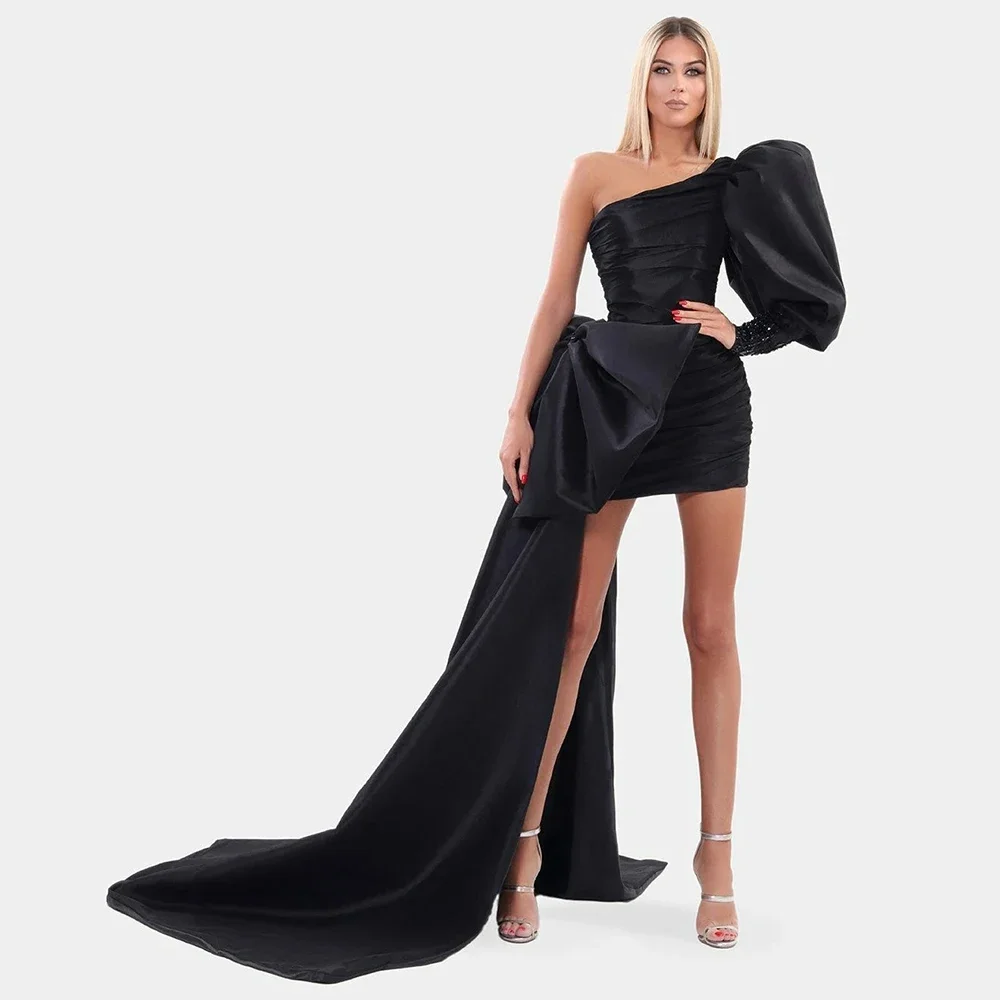 Vestido Sexy de alta calidad para mujer con tren, vestido de noche de satén negro con lazo grande, manga abombada, un hombro, vestido de fiesta Sexy de cristal