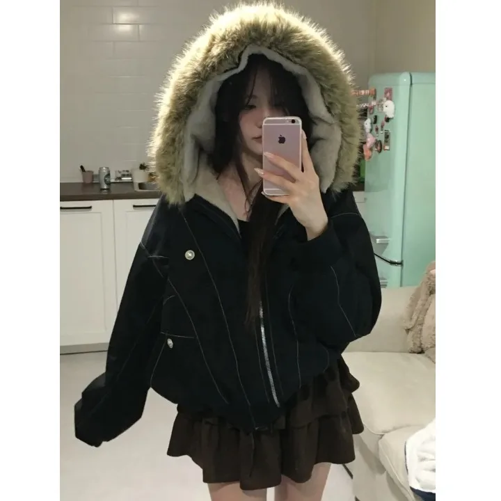 

Свободное женское хлопковое пальто Long Sve Jaet, шикарное корейское пальто, осенне-зимний меховой воротник, американская рабочая одежда, топ с капюшоном