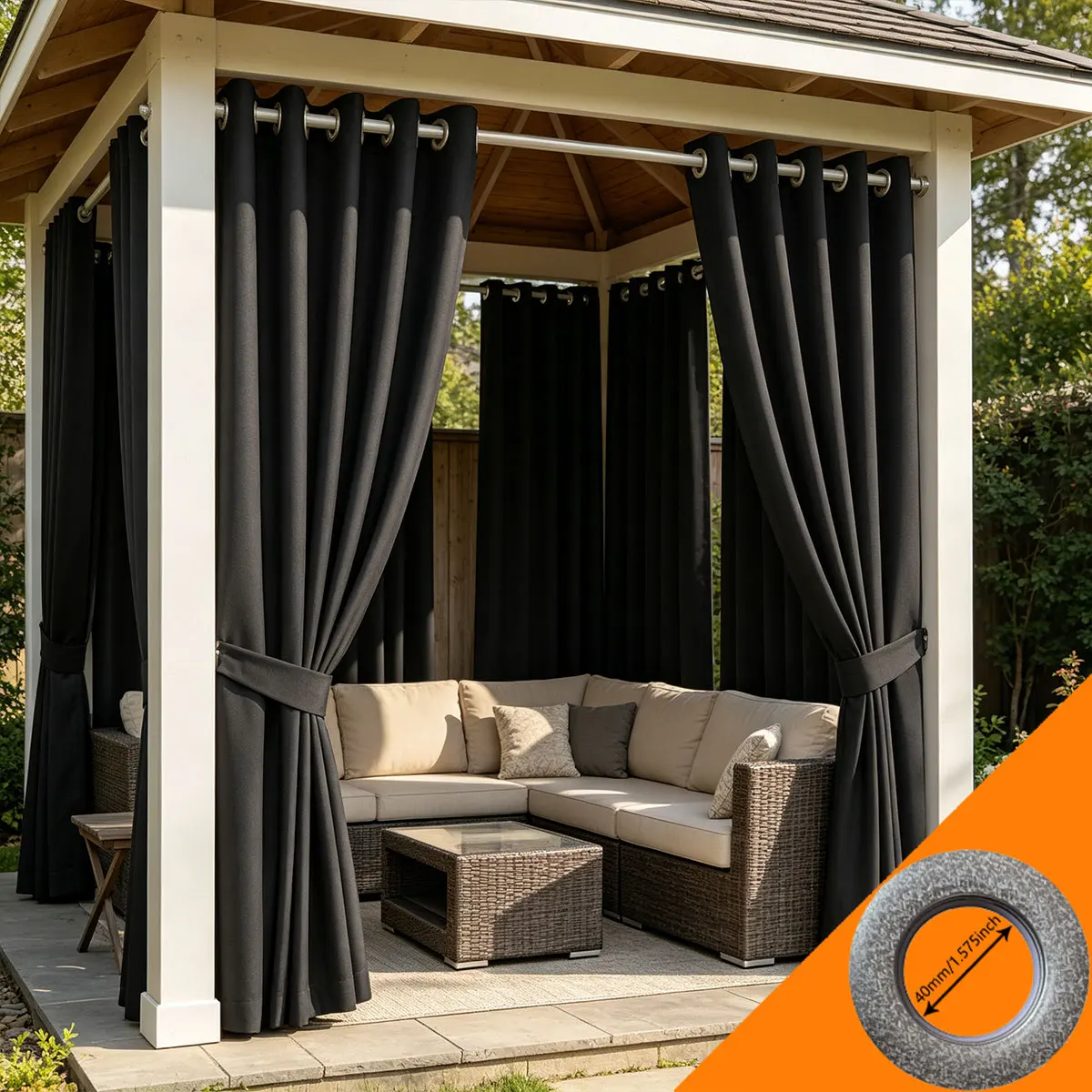 Black High‑Density Grommet Outdoor Curtains 2pcs, Waterproof Solid Partition Drapes for Patio Gazebo Porch