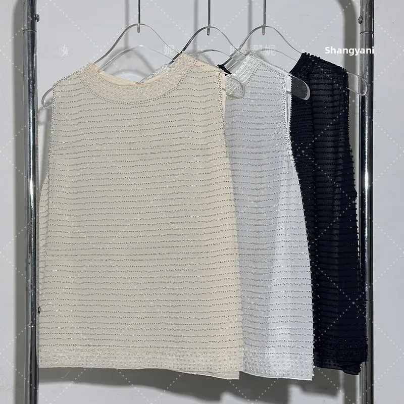 

Faionable Heavy Bead Sequin Vest Women's Loose Slimming Svel Top Trendy Commute Sle Pure Color Summer 2025