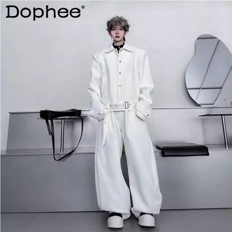 

2025 Men's Autumn New 2pcs Male Chic Ribbon Decoration Lapel Jacket Sets Men's Wide-Leg Long Pants Stylish Trendy Two-Piece Sets