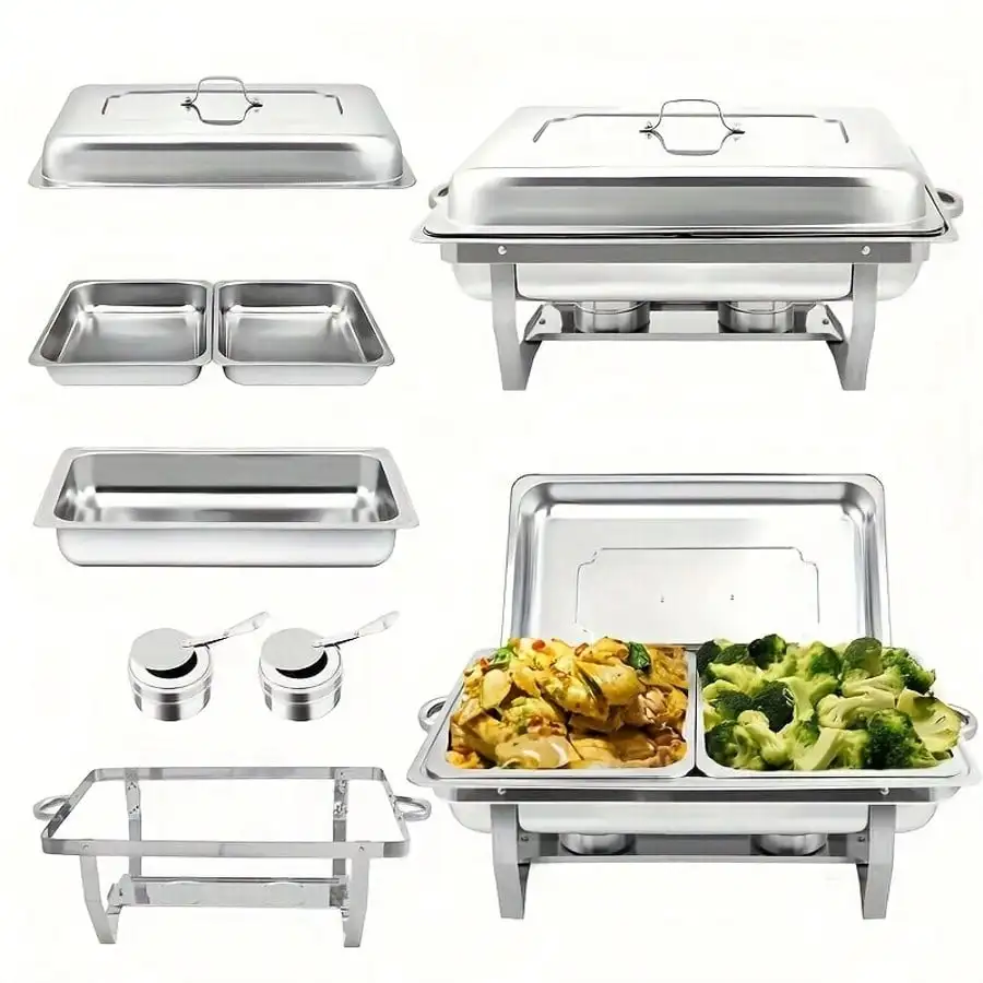 410 Stainless Steel Chafing Dish Buffet Set: 2-Pack 3-Tray Food Warmer With Foldable Frame For Catering, Parties, And Large Gath