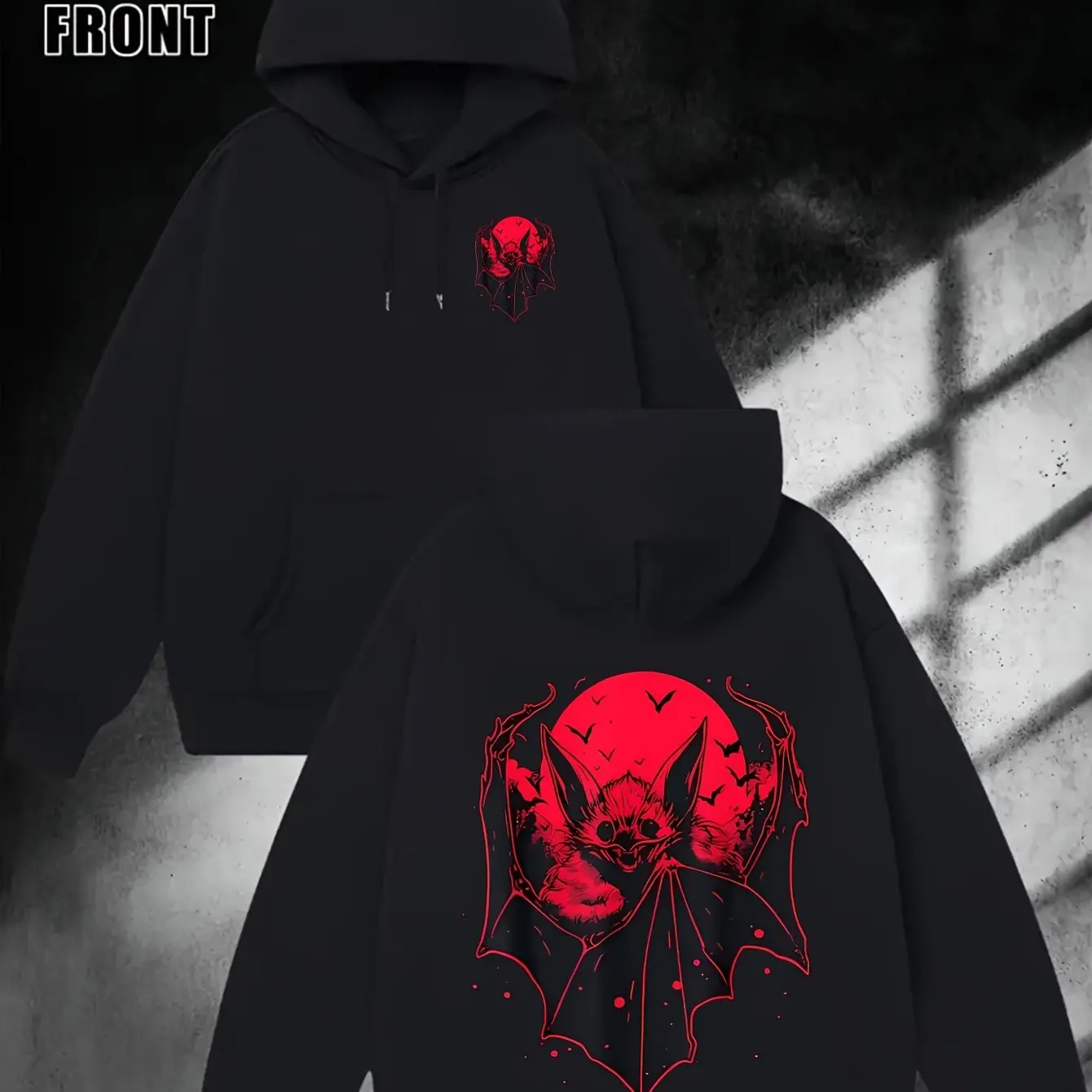 

vampire bat hoodie black red gothic print 2025 streetwear oversized pullover skull bat design with fang details kangaroo pocket​