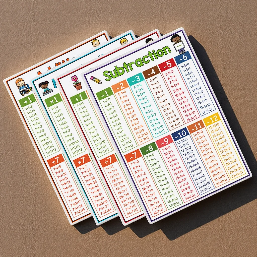 

4Pcs 's Math Chart Poster Addition Subtraction Multiplication Division Classroom Times Table Educational Wall Decor