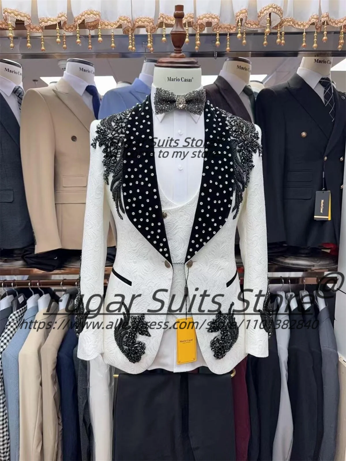 

Elegant White Handmade Beadwork Men Suits Customized Slim Fit Shawl lapel Groom Wedding Tuxedos 3 Pieces Sets Prom Costume Homme