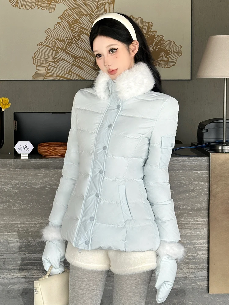 REDDACHiC فو الفراء طوق المرأة أسفل سترة فروي الأصفاد قفازات ضئيلة كامل البريدي اقتصاص معطف مبطن كوريا ملابس خارجية الشتاء غير رسمية #6