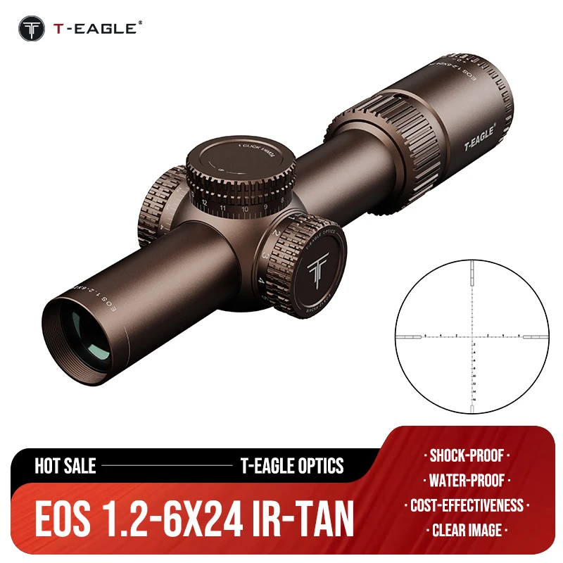 

T-EAGLE-Illuminated Riflescope for Hunting, EOS, 1.2-6X24 IR-tan Silver Lock Turret, 1/4MOA Red Green, Compact AR15 Scope Glock