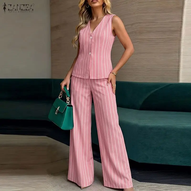 ZANZEA Damen-Set mit gestreiften Hosen, ärmellosem Westen-Top und Hose mit weitem Bein, 2-teilige Anzüge, Sommer-Outfits für den Büro- und Arbeitsweg